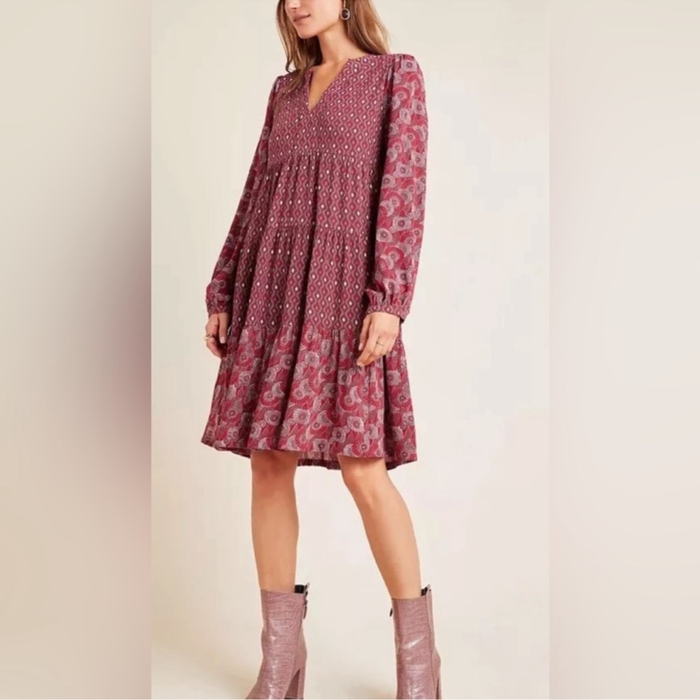 Anthropologie Maeve Amber Tiered Tunic Dress Long Sleeve Boho Mixed Print-M